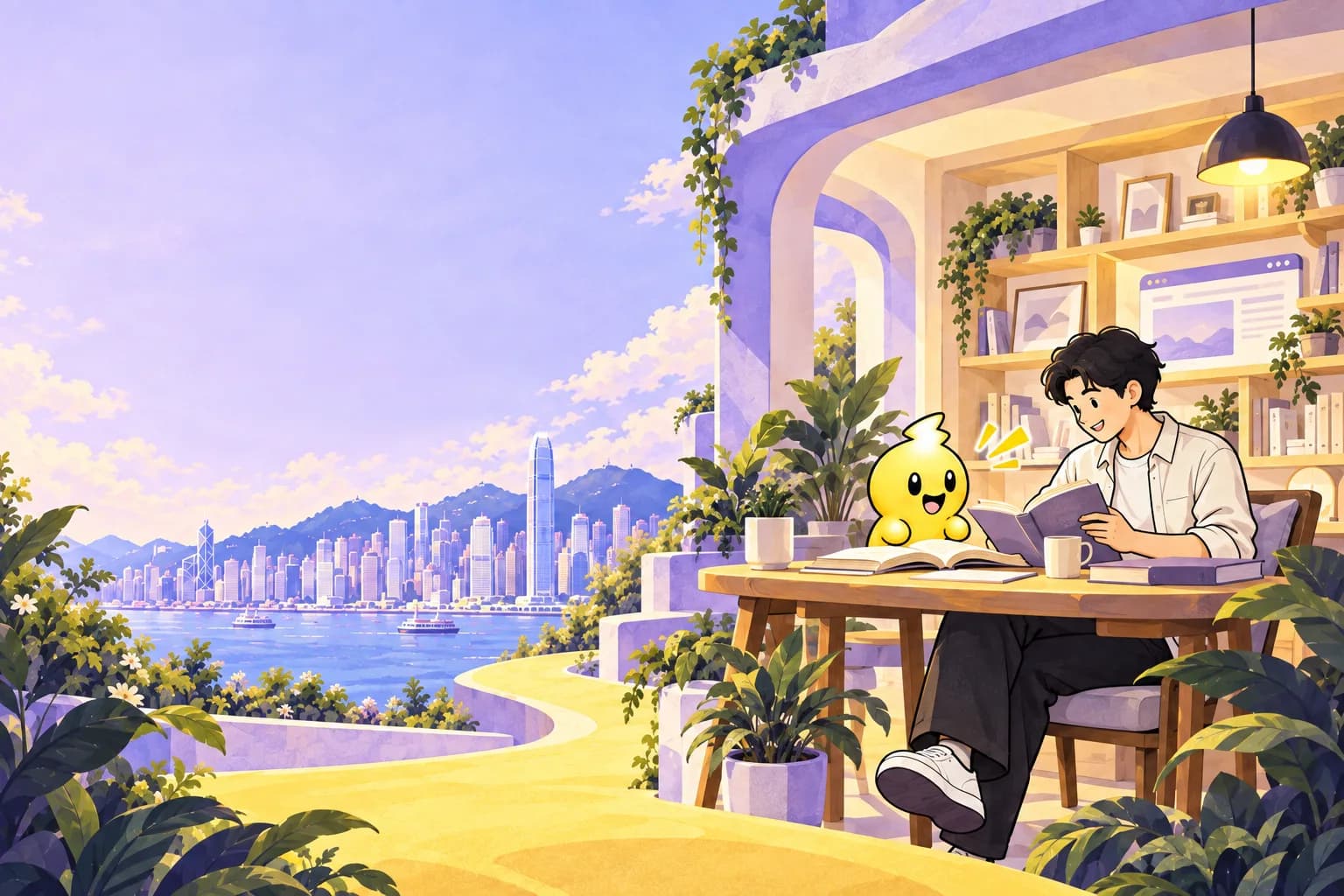 An illustrated reading room overlooking a Hong Kong city scene.