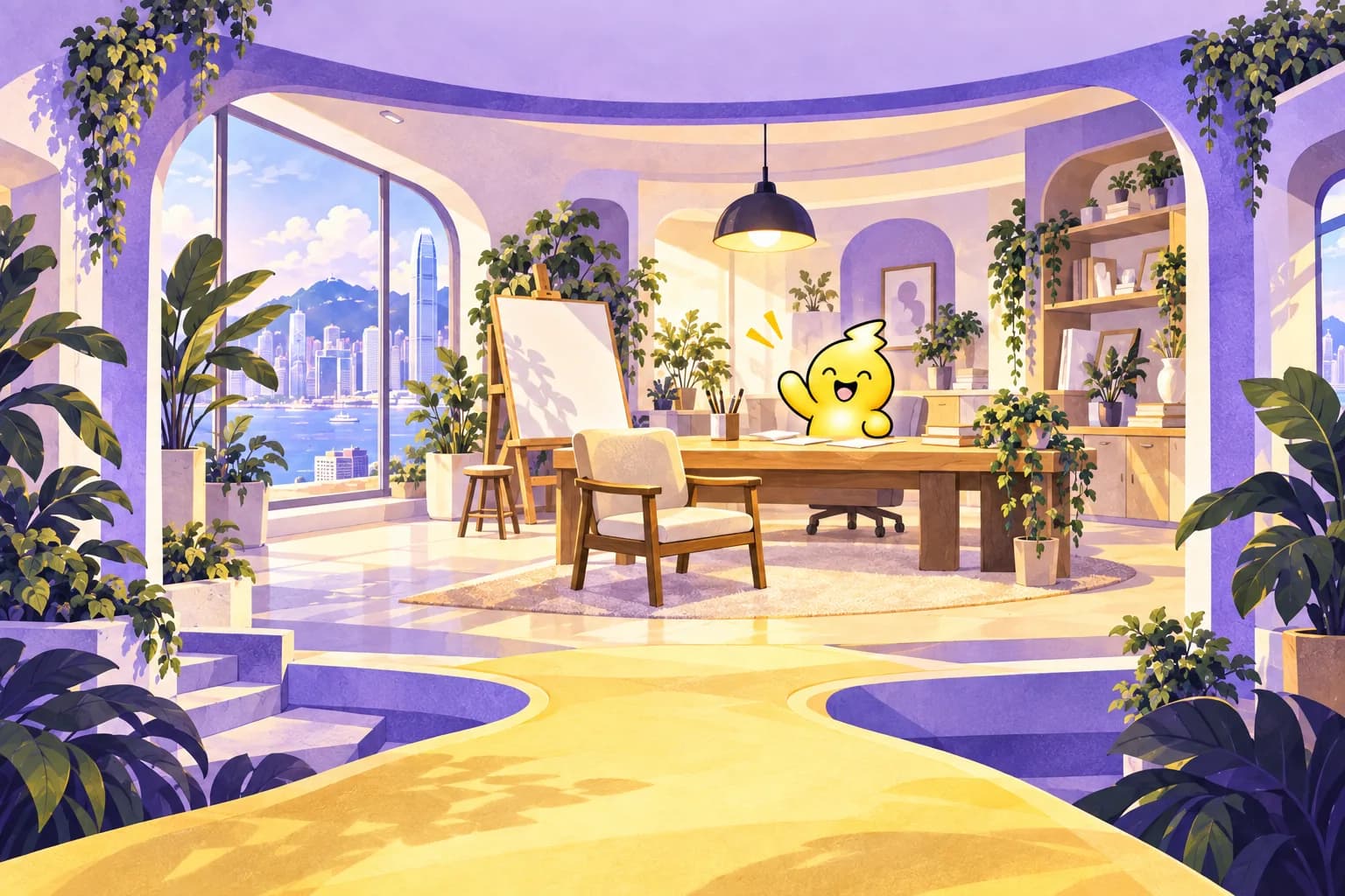Zappy welcomes a visitor to an illustrated studio with a seat ready for a conversation.
