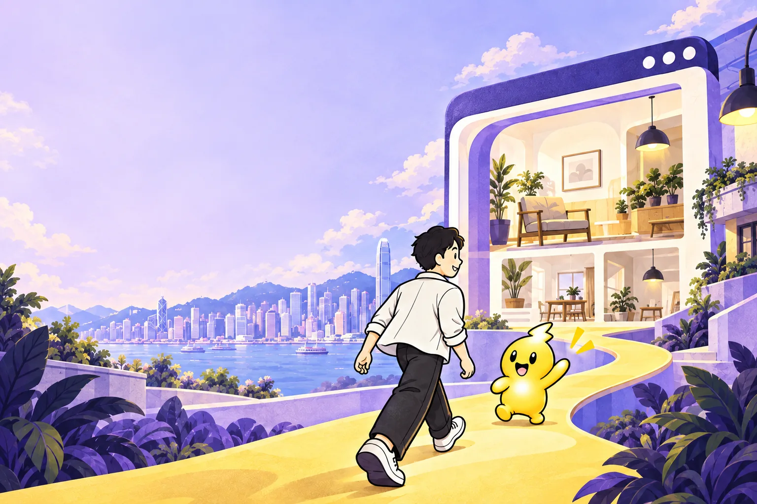 Zappy guides a business owner along a golden path into an illustrated website world. Fictional scene.