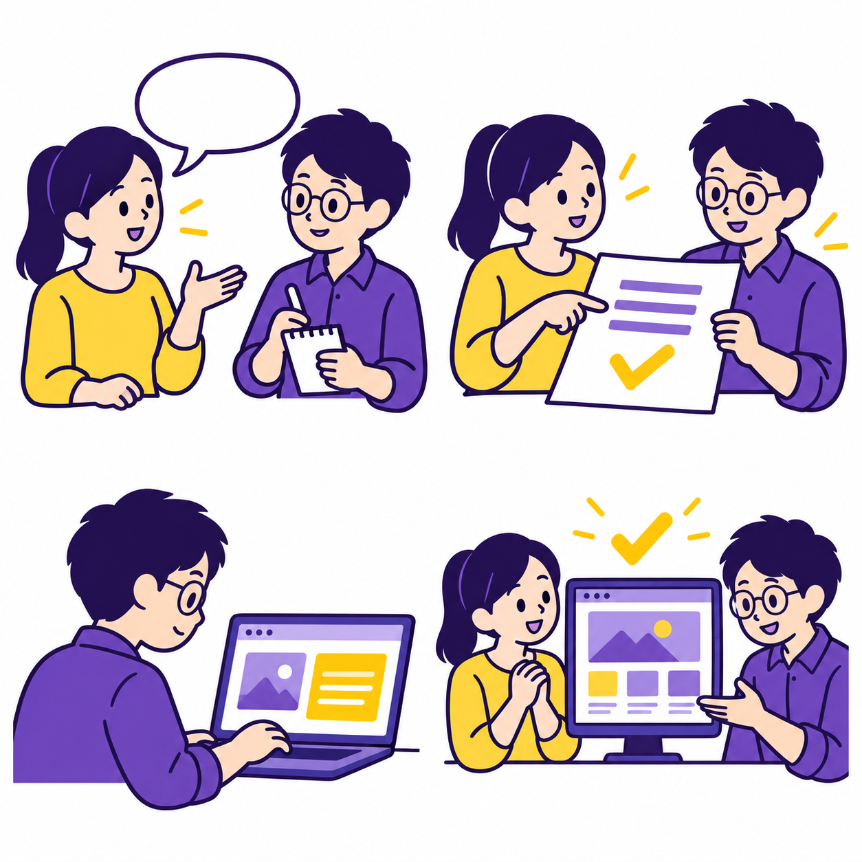 老闆說明業務,設計師聆聽並記下重點。